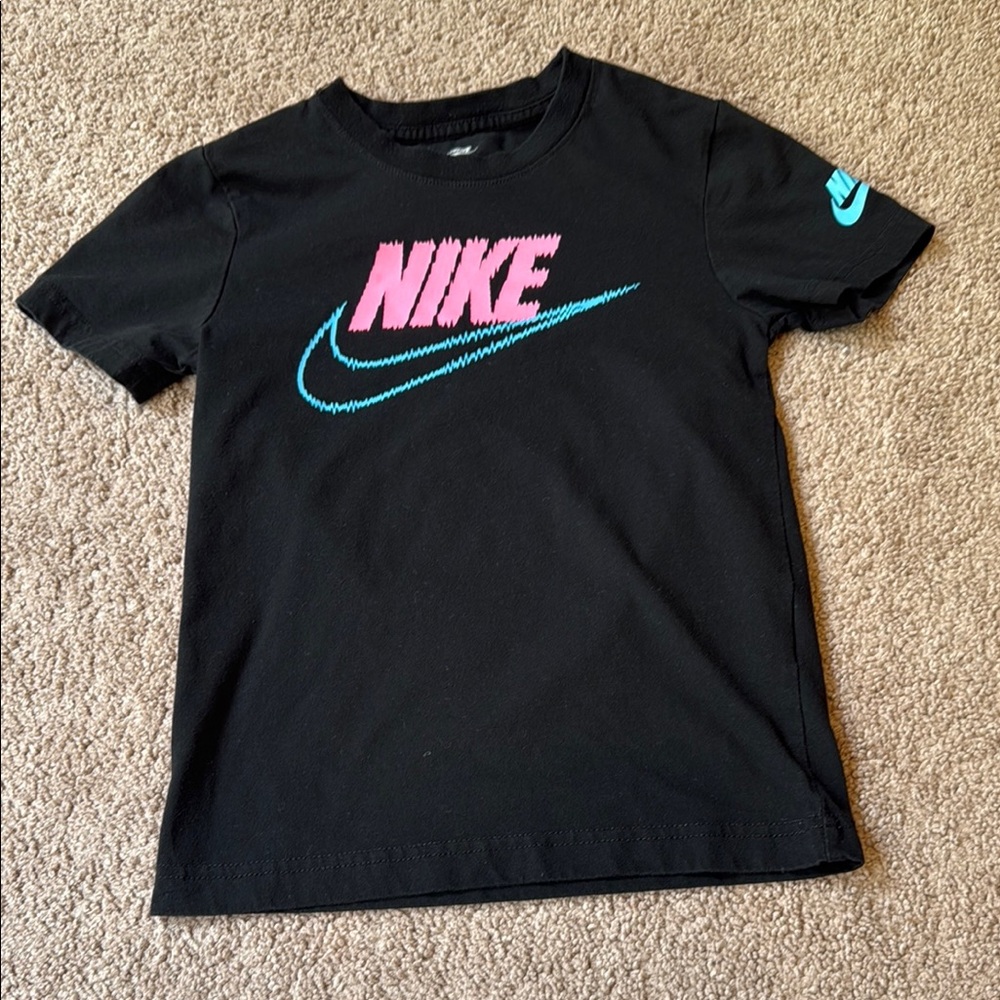 Nike Kids Black T-Shirt with Pink and Blue Logo, size 7